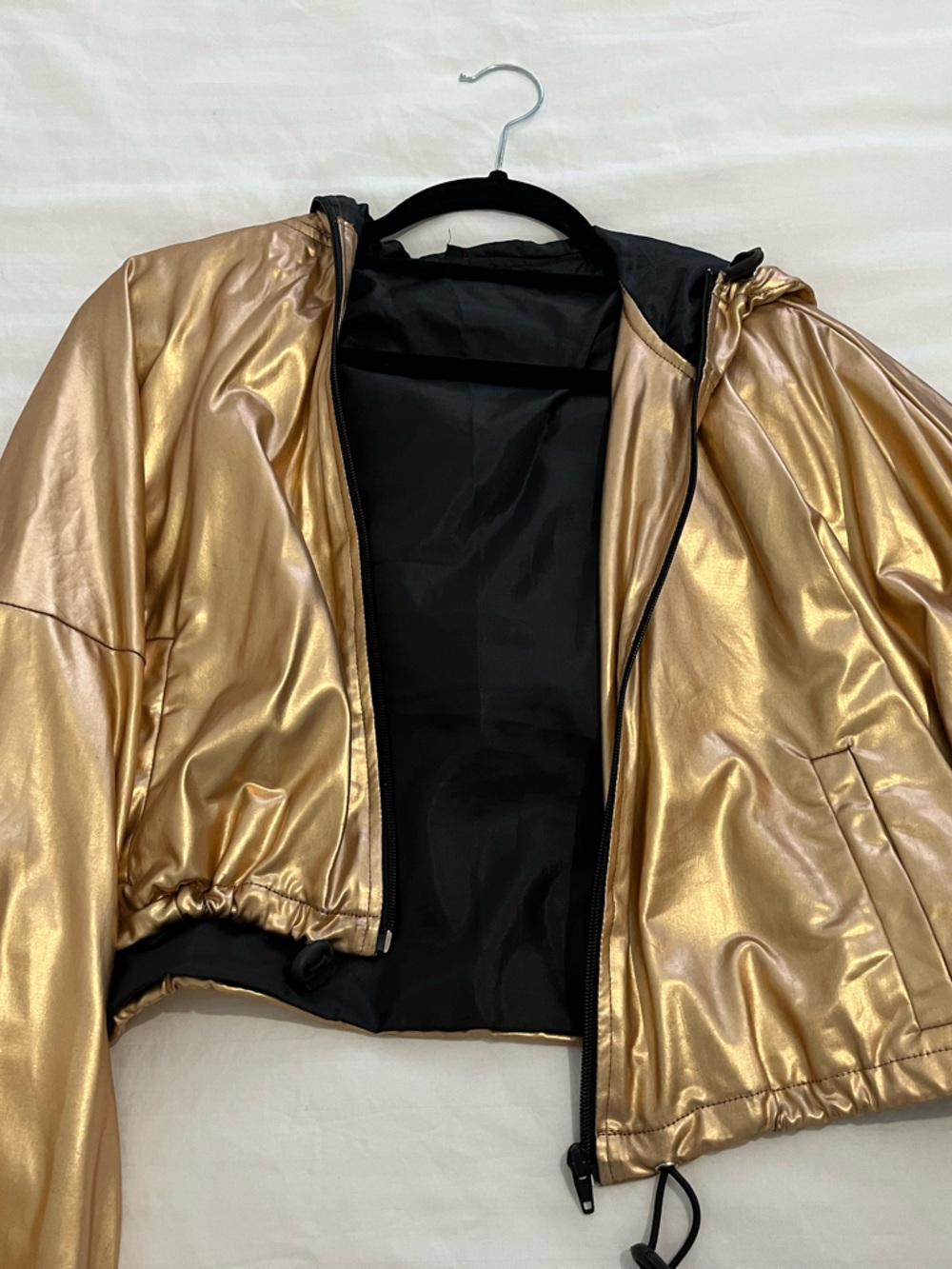 Gold Metallic Gold Bomber Jacket - Women's Cropped Hooded Style